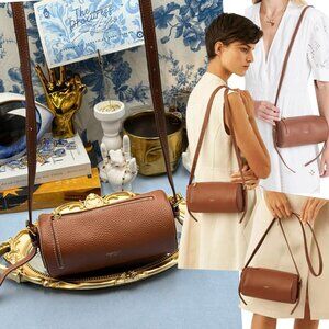 🆕 OROTON 🧿 NWOT Margot Mini Cylindrical Leather Drum Bag, Whiskey Caramel